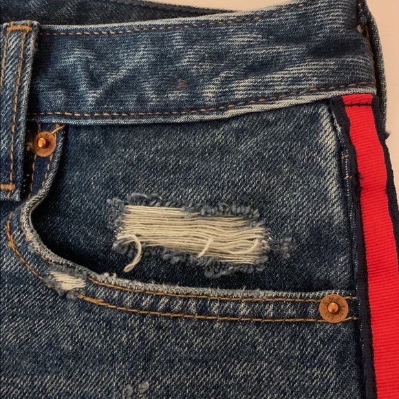 Abercrombie Jean Skirt w/ Red Stripe + Distressing - Picture 6 of 10